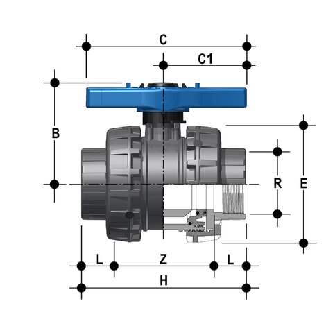 2-Wege-Kugelhahn R2 1/2"-4", VEE-Easyfit, PVC-U, Gewindemuffe, EPDM